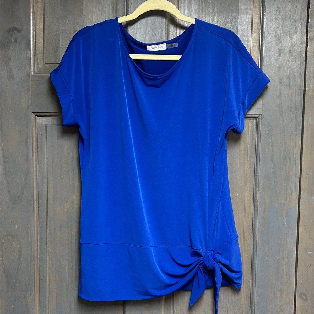 Calvin Klein Cobalt Blue Short Sleeve Blouse with Tie Detail